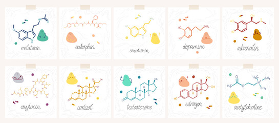 Set of cards with doodle illustration of hormones and neurotransmitters formulas, cute abstract characters and inscription. Perfect for educational and illustrative purposes. Vector.