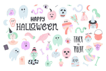 Big collection of Halloween clip art in pastel colors. Simple doodle illustrations and lettering - Happy Halloween, Trick or treat. Witch, ghost, mummy, pumpkin and other  vector elements isolated.