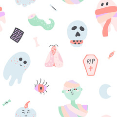 Halloween seamless pattern with doodle moth, scull, mummy ghost, eye and bones illustrations. Pastel colors on white. For prints, backgrounds, wrapping paper, textile, linen, wallpaper, etc. 