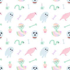 colorful, candle, muffin, scull, crown, raven, pink, ghost, mummy, backdrop, background, bone, bones, cartoon, character, child, childish, cut, cute, doodle, drawing, fabric, funny, green, halloween, 