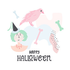 Cute Halloween doodle square greeting card in pastel colors. With witch, raven, bones and abstract shapes. Vector isolated on white background.