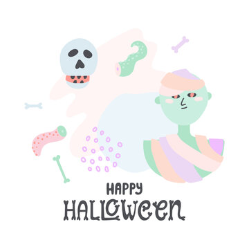 Happy Halloween greeting card. Cute doodle illustrations of mummy, scull, bones and abstract shapes in pastel colors. Pretty trendy Halloween decoration. Vector isolated on white background.