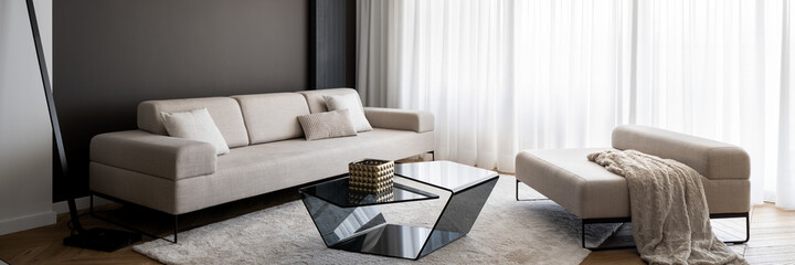 Elegant beige furniture in stylish living room, panorama