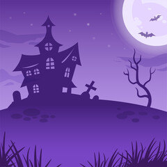 Halloween night illustration. Big glowing moon, dark castle and night spooky landscape. Vector spooky illustration with witch house, evil tree and full moon. Halloween background, poster, decoration.