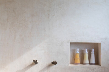 minimal design neutral concrete shower with eco friendly shampoos