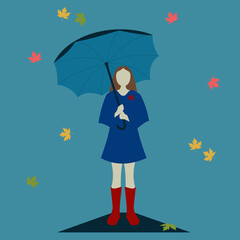 brunette girl with umbrella and maple leaves