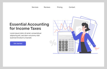 Accounting consultations. The girl is an expert next to documents, a schedule and a calculator. Financial management, tax payment, reporting. Vector flat illustration, landing page.