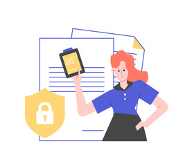 Girl manager with documents in hands. Data protection, financial advisor, user identification. Vector flat illustration.