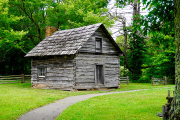 The Puckett cabin at Groundhog Mountain on Blue Ridge Parkway. Historic cabin was home of legendary midwife Orlean Hawks Puckett. Appalachian woman also known as Aunt Orlean. Carroll County, Virginia.