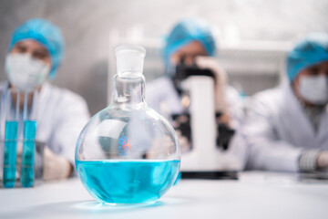 Health care researchers working in life science laboratory, medical science technology research work for test a vaccine, coronavirus covid-19 vaccine protection cure treatment