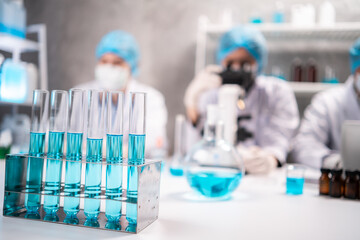 Health care researchers working in life science laboratory, medical science technology research...