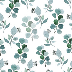 Plakat Eucalyptus clipart on a white background Watercolor eucalyptus Seamless pattern from green eucalyptus on a white background