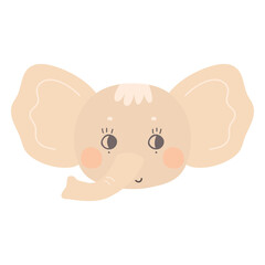 The face of a cute baby elephant with open eyes and eyelashes. A funny animal in a delicate pastel color. Hand-drawn vector illustration for the design of kids clothing and posters.