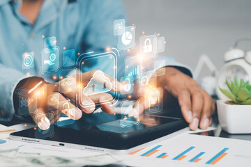 Businessmen use laptops to secure computing through cloud storage for digital business and cloud data processing management. Optimizing online business customer service