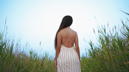 young woman from back in striped dress with straps and halter neckline on a path in the field