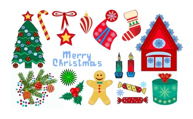 A set of colored drawings of a Christmas tree, house, branches, toys, snowflakes, candles, firecrackers on a white background for design, print, creativity for the holiday of Christmas and New Year