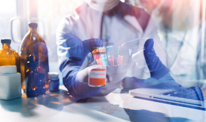 Medicine doctor and vaccine dose flu shot drug syringe in laboratory, microbiology and pharmaceutical research, medical and healthcare.