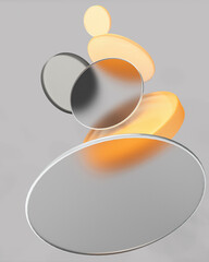 Phone wallpaper, abstract background. Grey and yellow frost glass and rubber circles on the grey background. 3d render illustration, geometric shapes.