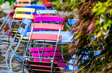 colorful folding chairs at a beergarden