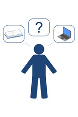 The blue figure decides whether to choose a book or a computer