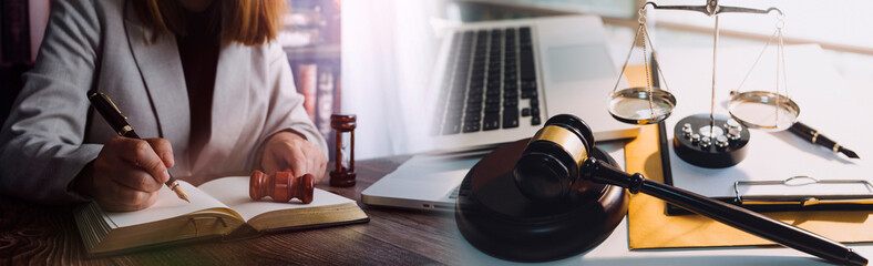 Business and lawyers discussing contract papers with brass scale on desk in office. Law, legal...