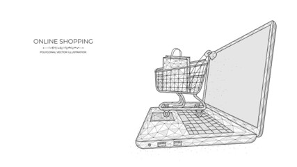 Online shopping. Polygonal illustration of a laptop and a shopping cart on a blue background. Ecommerce store concept.
