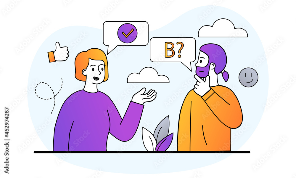 Poster questions and answers concept. man asks for information, woman says solution to problem. characters 