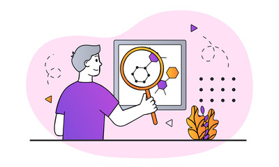 Science research concept. Man with magnifying glass in his hands studies molecules and atoms. Research in chemical laboratory. Cartoon doodle flat vector illustration isolated on white background