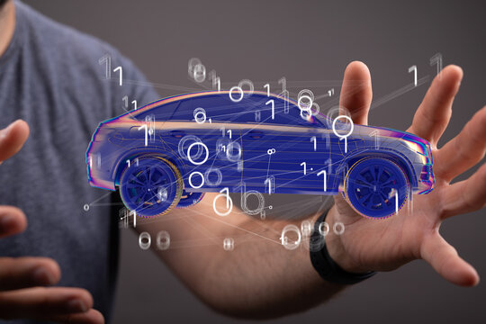 Autonomous car with HUD graphic of Navigation system driving