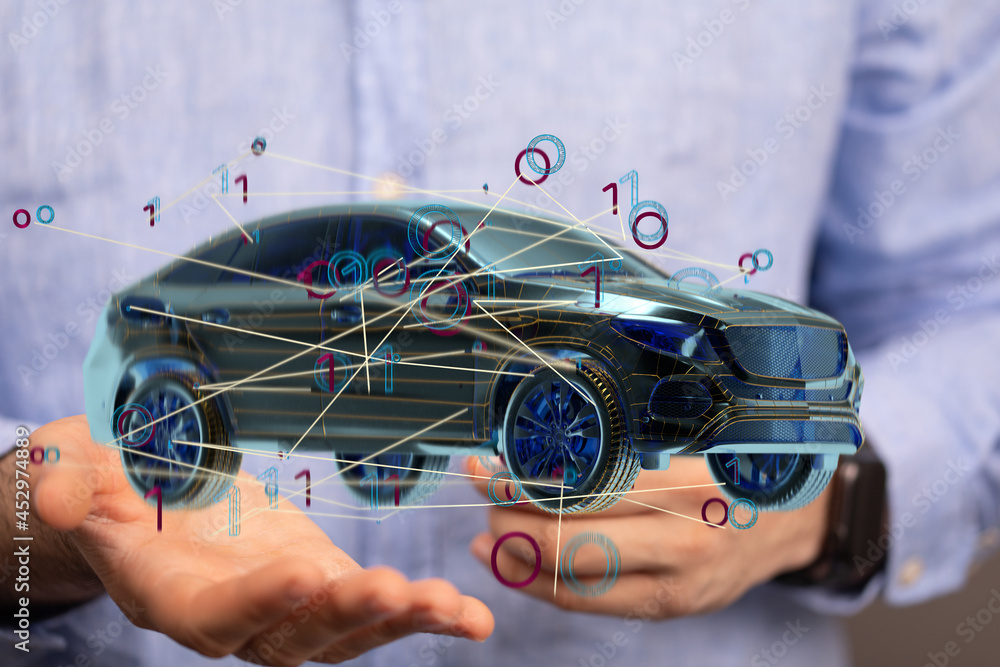 Poster autonomous car with hud graphic of navigation system driving