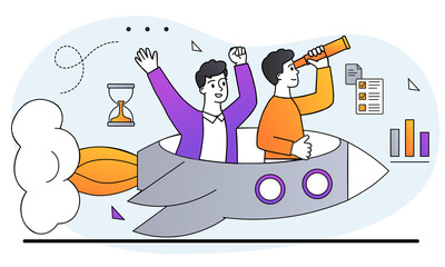 Startup development concept. Businessmen fly on rockets and look future of company through telescope. Partnership and teamwork. Cartoon doodle flat vector illustration isolated on white background