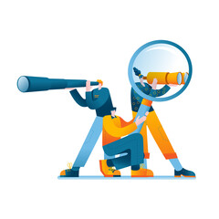 Characters with a telescope and a magnifying glass are looking for something. Vector illustration in a flat style on the topic of searching for information from various sources.