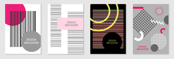 Set of cover design in Memphis style. Geometric design, abstract background. Fashionable bright cover, banner, poster, booklet. Creative colors.