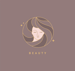 Woman beauty salon fashion template logo. Design in minimal style, emblem for beauty studio and cosmetics, badge for make up, beautiful woman face face in hair.Vector illustration.