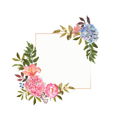 Square banner, card with a blooming pink, blue hydrangea, roses and leaves hand drawn in watercolor. Excellent use for invitations, greetings, wedding celebrations. 