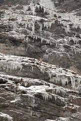 Fototapeta na wymiar Sehr viele Eiszapfen an einer Felswand, von unten
