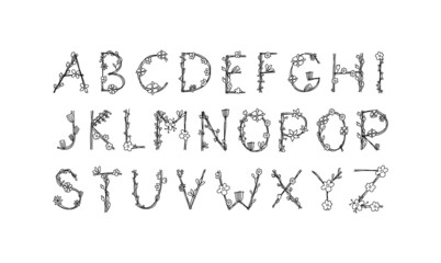 Vintage floral bold logo spring alphabet. Classic Summer Letter Design Vector abc with Black Color and Floral Hand Drawn with monoline line flowers