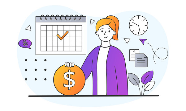 Salary or Payroll Concept. Businesswoman holds gold coin in her hands. Rejoice for Money Payment Earning. Profit making calendar. Cartoon doodle flat vector illustration isolated on white background