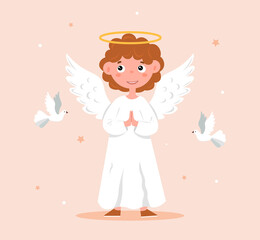 Cute Cartoon Christmas angel. Beautiful boy in white coat with white wings and halo. Symbol of holiday. Character with birds. Cartoon modern flat vector illustration isolated on pink background