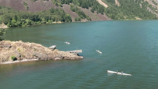 Aerial: Rowing on Drano Lake next to the Columbia River. Washington, USA