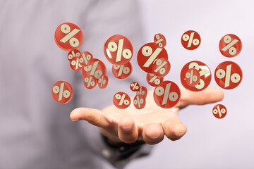 Red cubes percent falling on a white background. 3d rendering. Illustration for advertising.