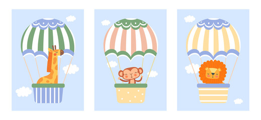 Animals and balloons set. Posters with giraffe, monkey and lion traveling through sky. Collection of design for decorating walls and printing on fabric. Cartoon flat vector collage on white background
