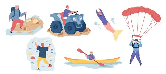 Set of vector cartoon characters in outdoor activities scenes,they ride ATV,do diving and rock climbing,parachute jumping,trekking,kayaking-sporty healthy lifestyle concept,web site banner design