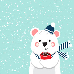 Cute polar bear enjoying hot chocolate with marshmallows in the snow. Winter illustration with cute bear wearing a knit cap and scarf. Vector illustration.