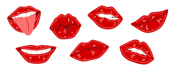 Set of vector illustration of woman's lips Isolated on white background. Red lips collection