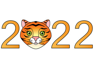 2022 with cute tiger face, year of the tiger - vector full color lettering. Year of the tiger. New Year Tiger Lettering 2022