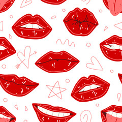Seamless pattern with female lips. Lips with red lipstick