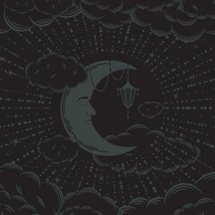 Mystical dark background including moon with face, lantern and moonbeams with stars, surrounded clouds. Vector illustration in retro style on black backdrop. Esoteric banner with magical crescent