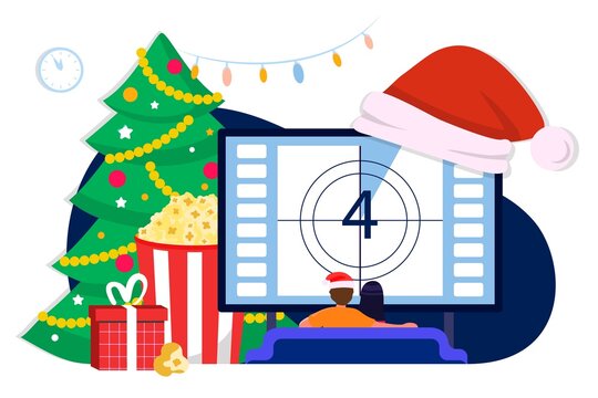 Christmas movie Young couple watching New year movie or TV on sofa in a christmas decorated interior of house Holidays decoration in living room vector illustration Best Christmas movies