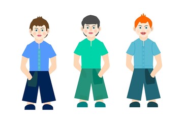 Drawing of boys, three characters in colored clothes, different appearance on a white background for creativity and printing